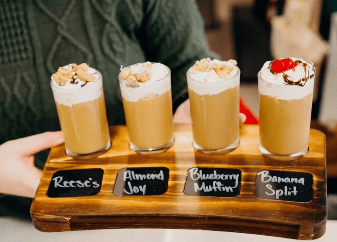 coffee flight on a wooden board